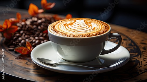 Hot latte or cappuccino coffee with art or pattern in a beautiful ceramic cup and saucer, highlighted on a white background, generative AI