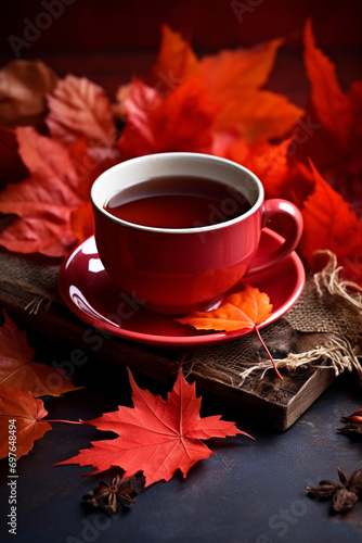 Autumn composition with red mug with tea and maple leaves