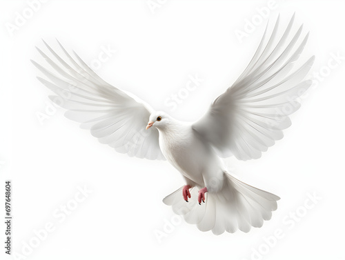 Material of a flying white dove, white background, symbolizing peace © JQM
