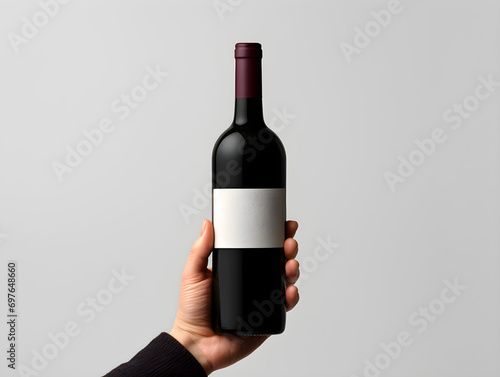 Wine bottle mockup with a hand holding a bottle of red wine