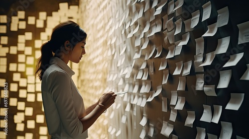 A young man in a business suit stands with his back to a wall hung with colorful stickers with uncompleted tasks. photo