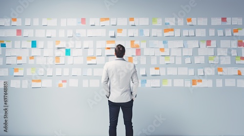 A young man in a business suit stands with his back to a wall hung with colorful stickers with uncompleted tasks. photo