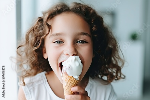 Close-up portrait of a little girl eating ice cream in a waffle cone and laughing merrily. The ice cream has stained the happy face of the child.