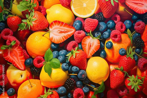 Fruit and berry background  strawberries  raspberries  blackberries  blueberries and citrus slices. Each berry looks delicious and fresh for a healthy diet or making a delicious dessert