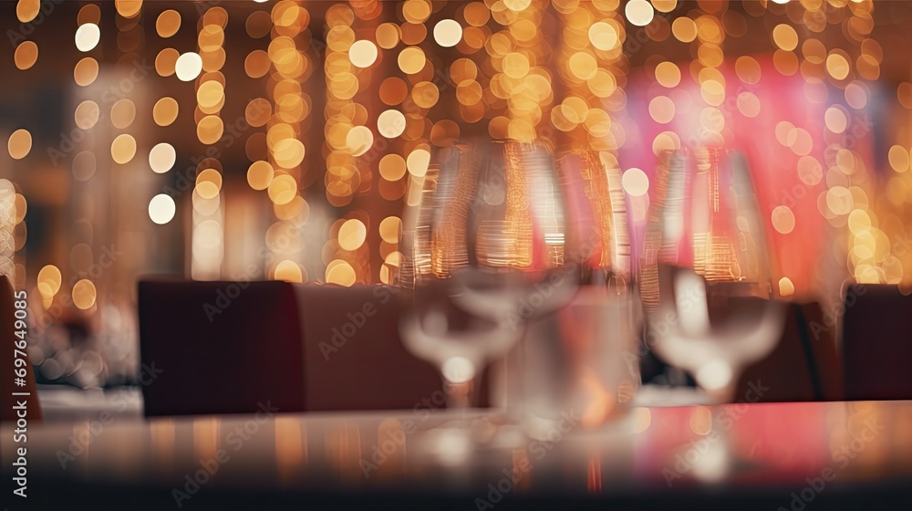 A festive table on which wine glasses are set. The lighting is soft and warm, which creates an atmosphere of coziness and joy at the party. Blurred background.