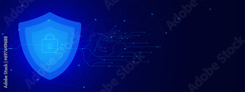 Network protection and cyber security concept with shield and padlock in futuristic polygonal. Digital global connection background.