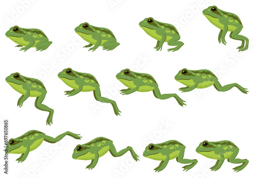 Frog jumping animation icon set. Sequences or footage for motion design. Cartoon toad jumping, animal movement concept. Animated process of frogs leaps sequence, illustration