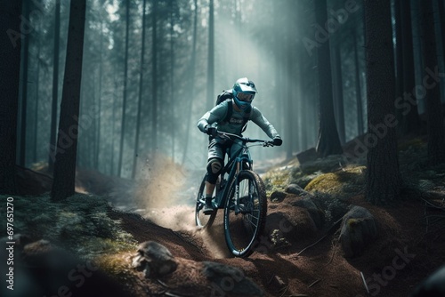 Astronaut cyclist on a mountain bike in the forest. Extreme sport concept. Active lifestyle. Downhill. ai generated. Generative AI © Aida