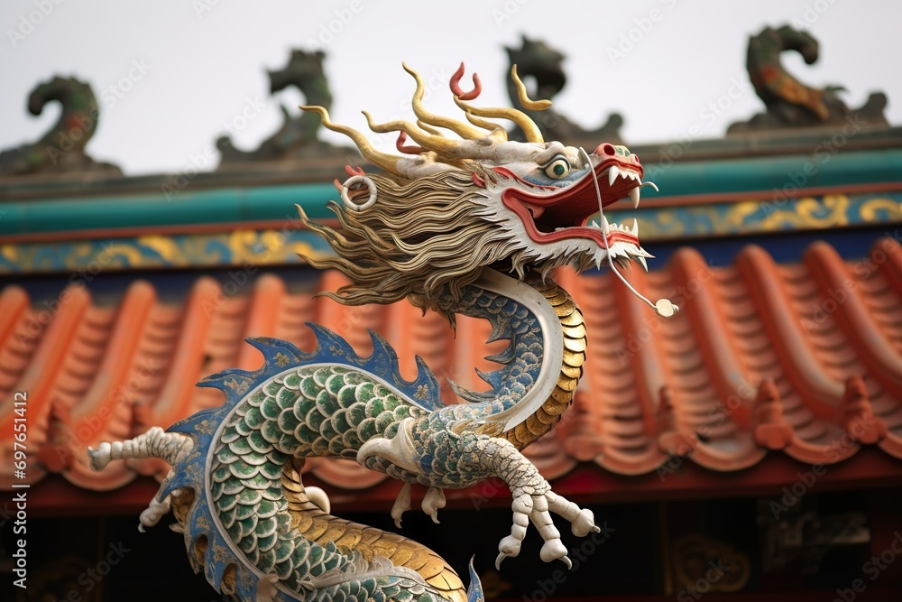 Fototapeta premium chinese dragon statue on castle roof for weifang kite festival in china