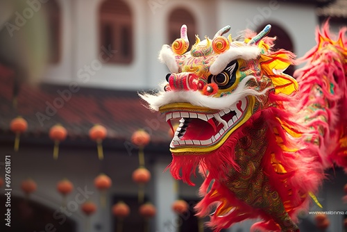 chinese dragon dance in costume for festival of chinese new year celebration 
