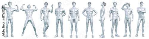 3D Render : Portrait of silver metal texture male character standing with different action, PNG transparent as graphic resource