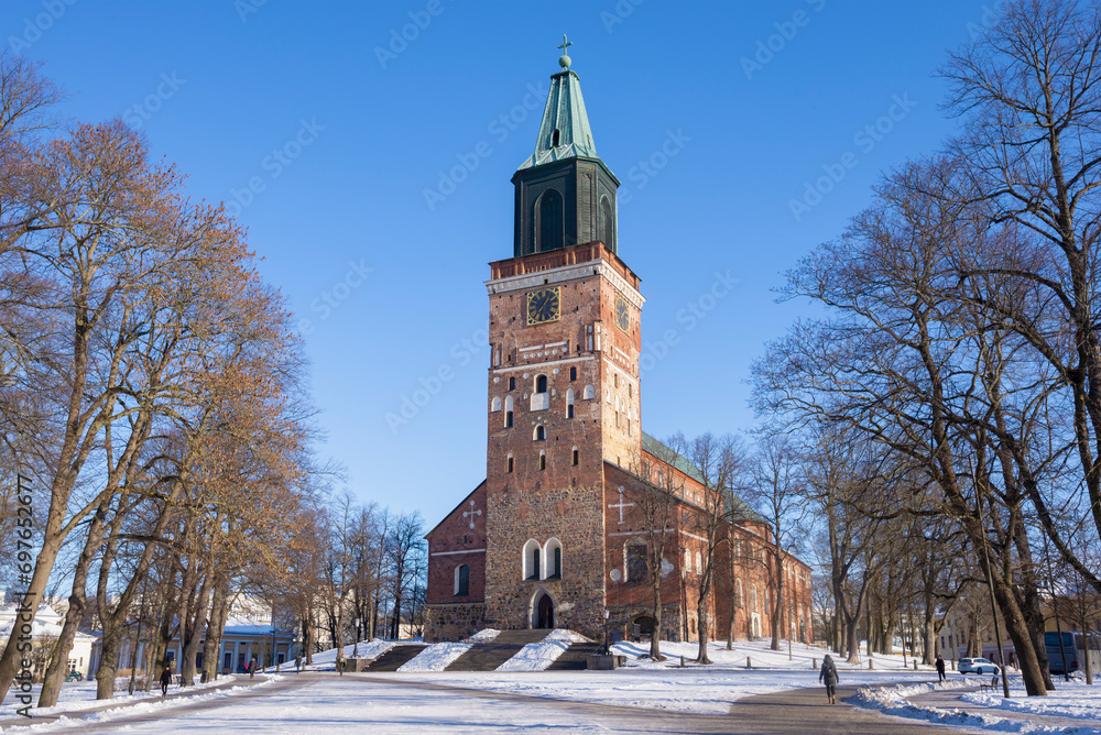 View of the medieval Lutheran Cathedral of the Turku on a sunny February day. Finland