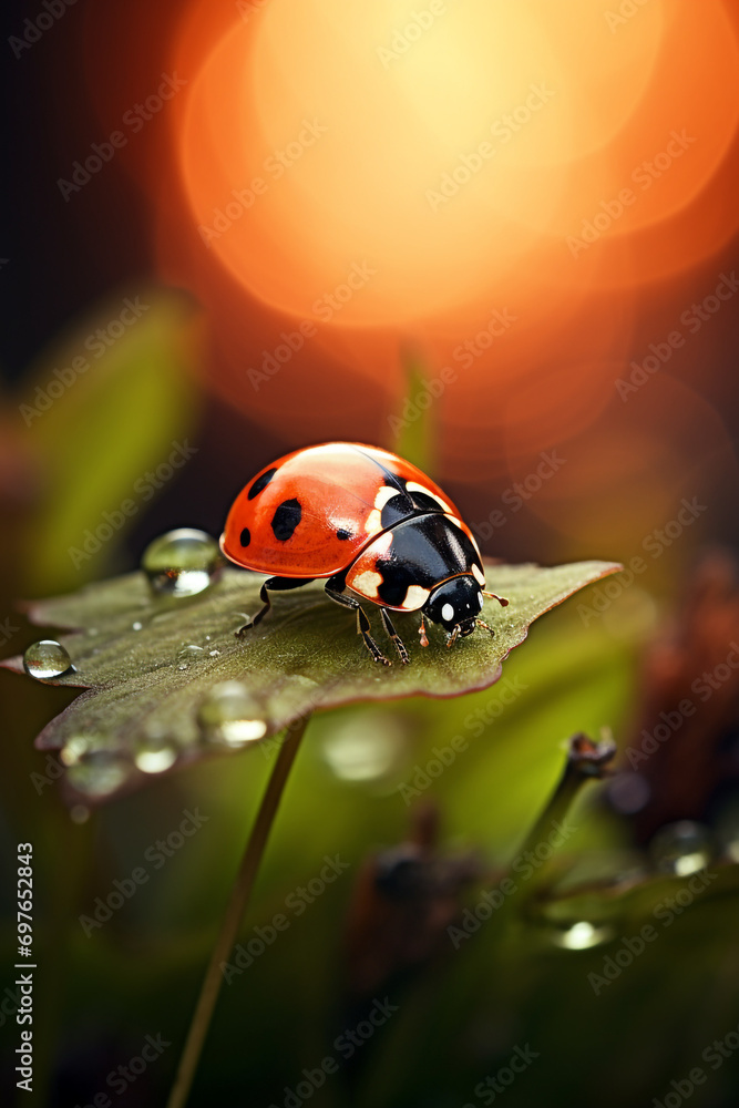 Fototapeta premium ladybug with bokeh, photographed autumn scene created with Generative Ai