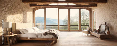 Bedroom interior design with wooden beams in ceiling and hardwood floor.