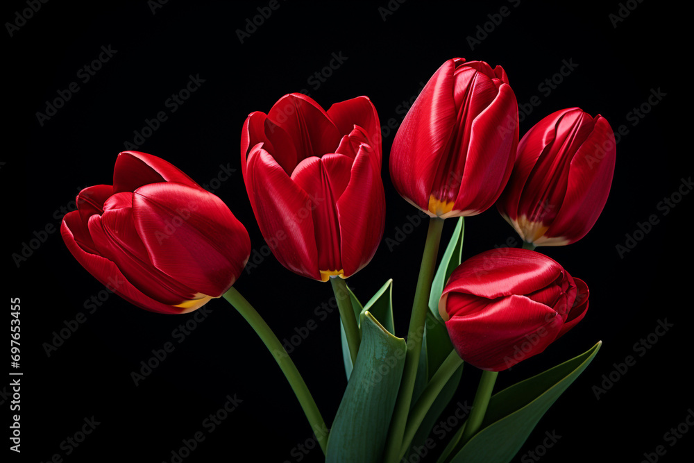 photography of some red tulip flowers on a black background, in the style of playful compositions created with Generative Ai