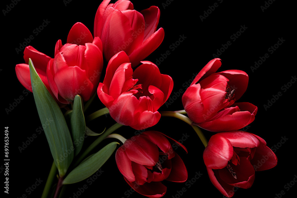 photography of some red tulip flowers on a black background, in the style of playful compositions created with Generative Ai photography of some red tulip flowers on a black background, in the style of playful compositions created with Generative Ai