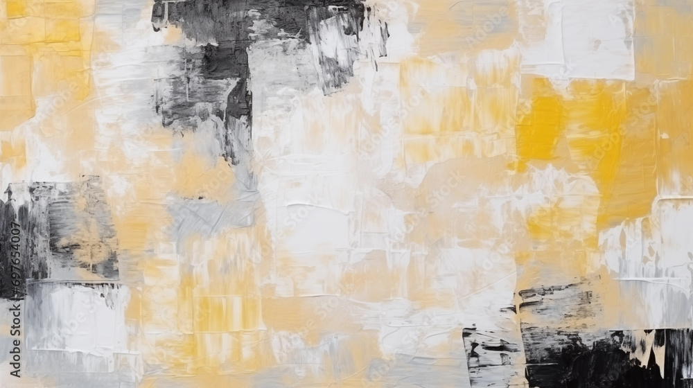 Closeup of abstract rough bright white yellow and black painting texture, with oil brushstroke, pallet knife paint on canvas, seamless pattern, copy paste area for texture