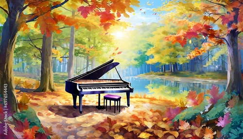 painting style illustration banner wallpaper autumn forest with colorful leaves piano play music in park generative ai