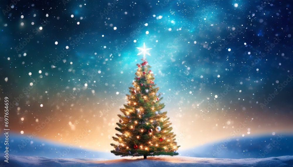 christmas tree under starry glitter glow sky idea for christmas and new year background wallpaper generative ai