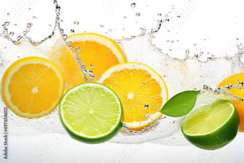 fresh oranges in water droplets  lemons  limes on a white background