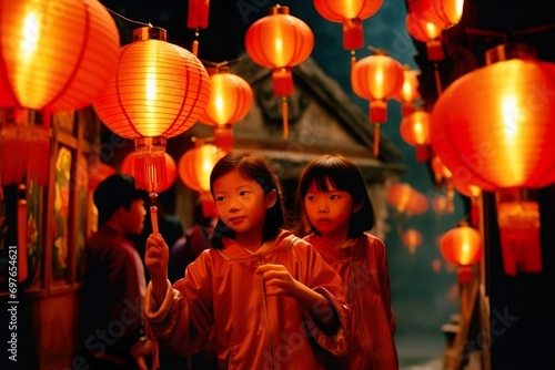 cute asian kids celebrating chinese new year holding lantern lamps 
