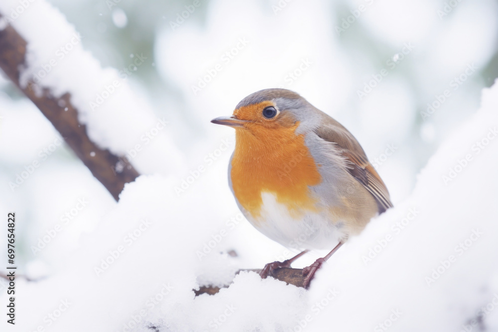 Turdus migratorius, American robin, perched on a snow-covered branch in snowfall Turdus migratorius, American robin, perched on a snow-covered branch in snowfall