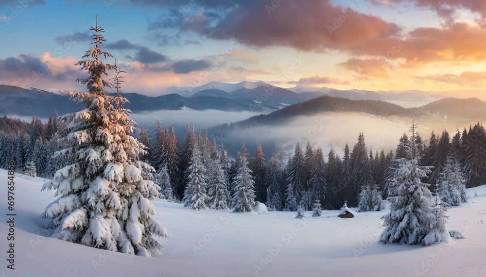 christmas postcard panoramic winter view of carpathian mountains with snow covered fir trees foggy sunrise on the mountain valley happy new year celebration concept
