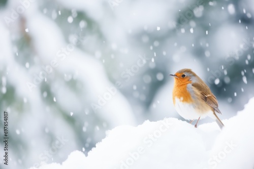 Turdus migratorius, American robin, perched on a snow-covered branch in snowfall