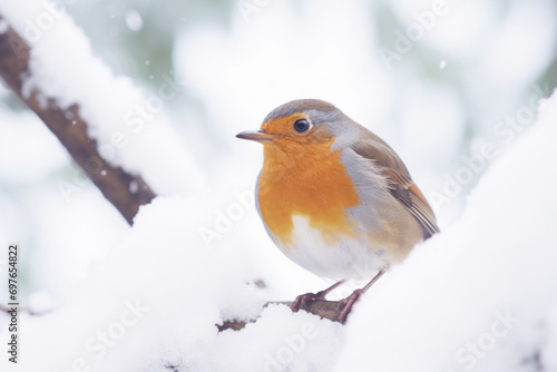 Turdus migratorius, American robin, perched on a snow-covered branch in snowfall © Schizarty