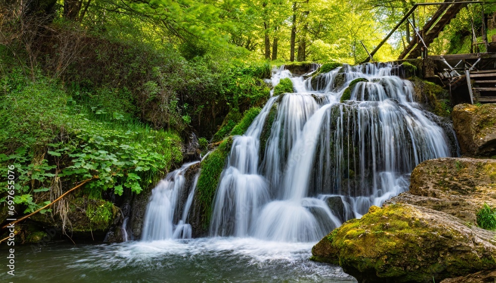 waterfall cascades in a green forest