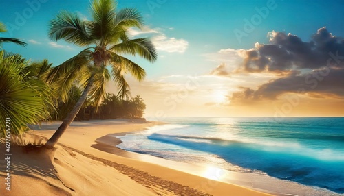a stunningly realistic beach scene in 4k ultra hd with crystal clear turquoise waters golden sands and lush palm trees swaying in a gentle breeze sunset over the ocean © Ashley