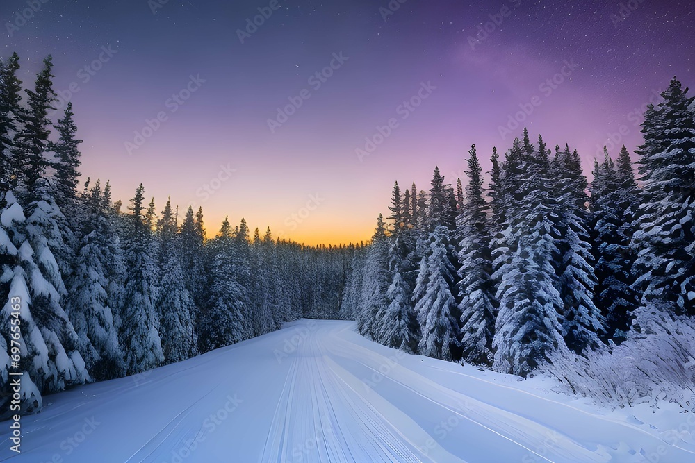 Fototapeta premium 冬の夕焼け、雪に覆われた道の上に浮かぶ星と天の川、道の横には雪を冠った針葉樹の森が広がる風景