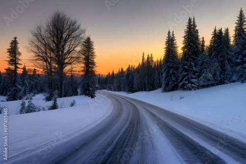 冬の夕焼け、雪に覆われた道の上に浮かぶ星と天の川、道の横には雪を冠った針葉樹の森が広がる風景
