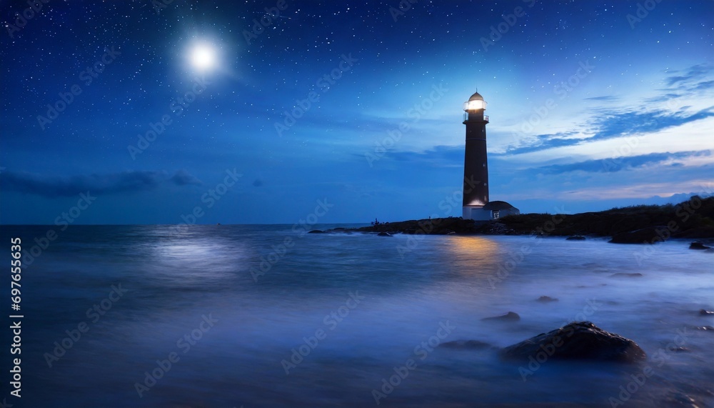 beautiful night seascape with lighthouse at blue dark night