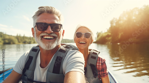 Senior couple retired canoeing on a lake. Outdoor activities healthy lifestyle positive attitude. photo