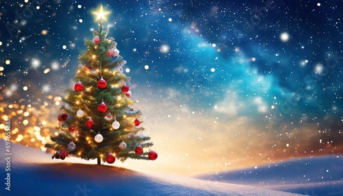 christmas tree under starry glitter glow sky idea for christmas and new year background wallpaper generative ai © Ashley