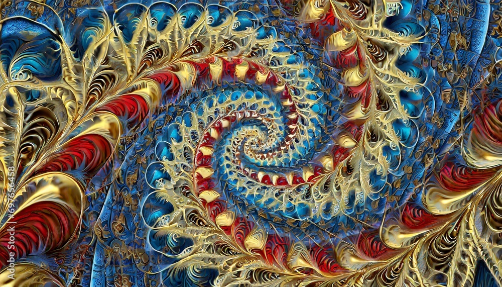 psychedelic swirl in blue red and gold an abstract fractal work with an optically challenging spiral design in blue red and gold