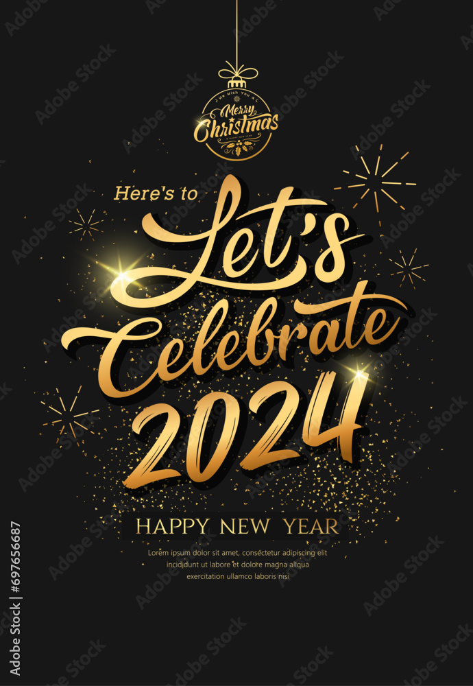 Let's celebrate 2024 new year, gold ribbons and firework poster flyer design on black background, EPS10 vector illustration
 - obrazy, fototapety, plakaty 