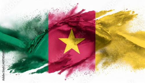 colorful cameroonian flag green red yellow color holi paint powder explosion isolated white background cameroon africa qatar celebration soccer travel tourism concept photo