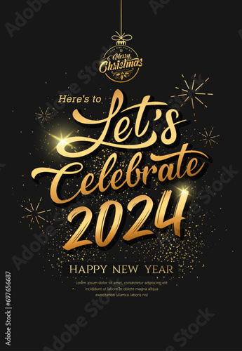 Let's celebrate 2024 new year, gold ribbons and firework poster flyer design on black background, EPS10 vector illustration
