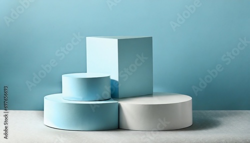beautiful minimalistic light blue background for product presentation with podiums on different tiers