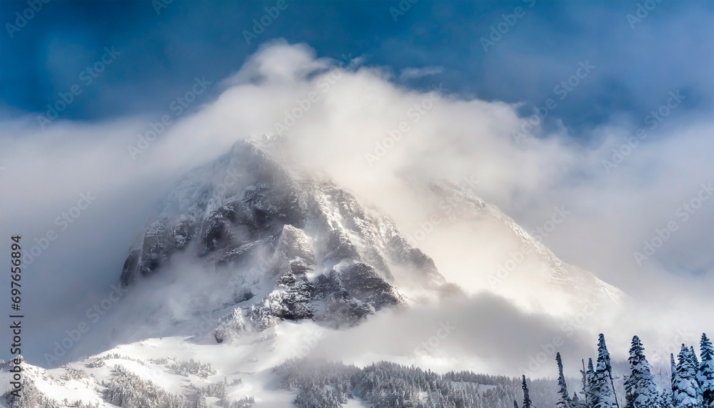snowy mountain summit blanketed in thick winter snow and clouds