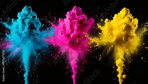 colorful cmyk cyan magenta yellow key holi paint color powder explosion isolated dark black background printing print business industry manufacturing beautiful party festival concept