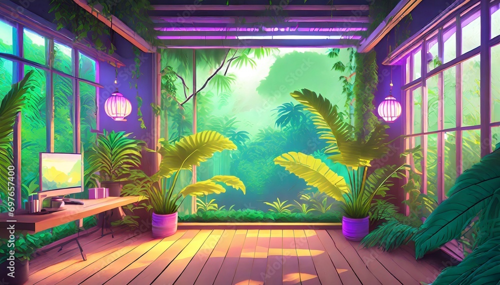 colorful lofi empty interior anime manga style with jungle view cozy ...