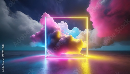 3d render abstract minimal background with pink blue yellow neon light square frame with copy space illuminated stormy clouds glowing geometric shape