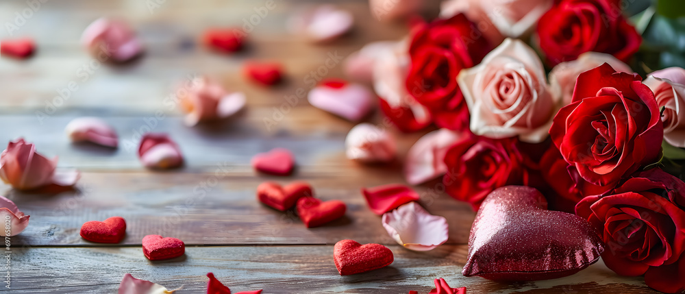 Valentine's Day background with red hearts on a wooden table Valentine's Day background with red hearts on a wooden table