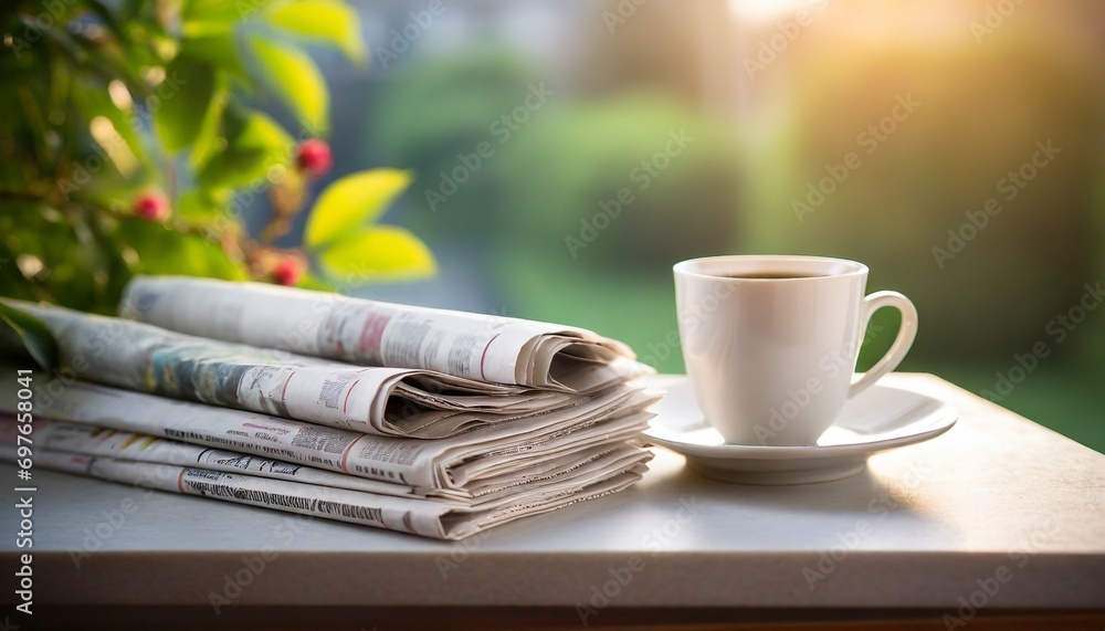a stack of newspapers and a cup of coffee on the table - obrazy, fototapety, plakaty 