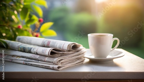 a stack of newspapers and a cup of coffee on the table
