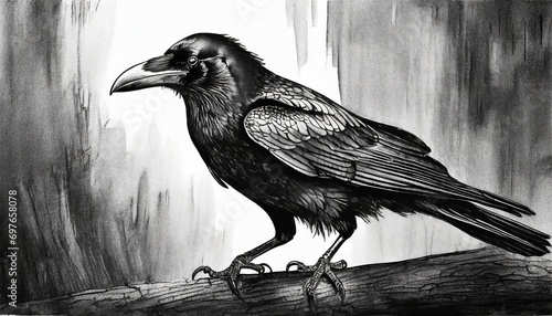 black raven engraving black and white drawing photo