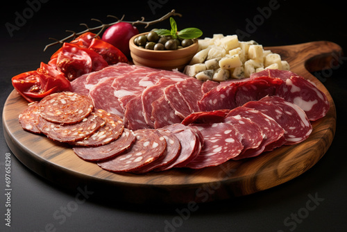 Closeup of Wooden plate with a variety of salami on a grey background